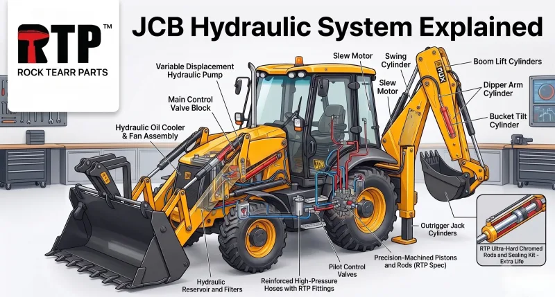JCB Hydraulic System Explained: Key Components, How Each Fails, and the Right Replacement Parts