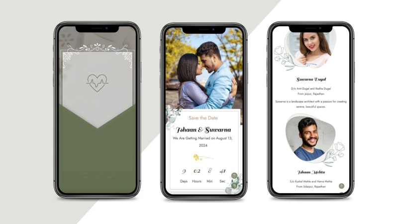 Modern Chic — the invitation shown on three phone screens