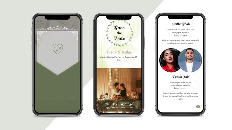 Classic Elegance — the invitation shown on three phone screens