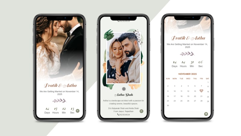 Timeless Charm — the invitation shown on three phone screens