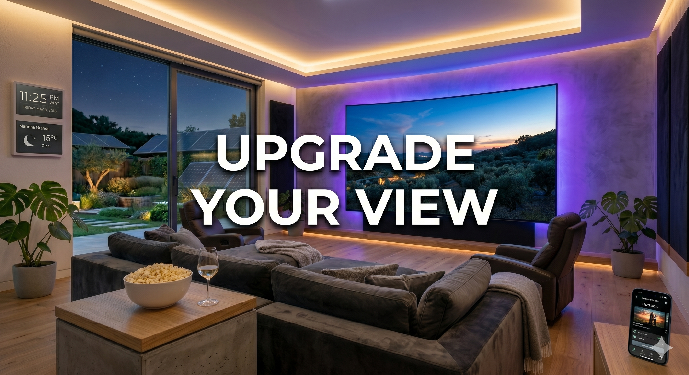 Smart Cinema Guide 2026: Modern home cinema setup with ambient lighting and bold white text UPGRADE YOUR VIEW
