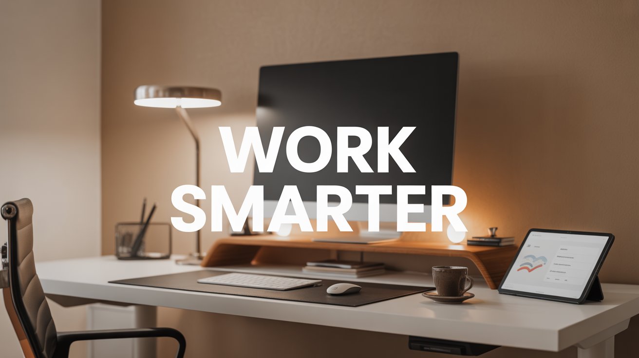 Smart Office Guide 2026: Modern smart home office with a standing desk and bold white text WORK SMARTER