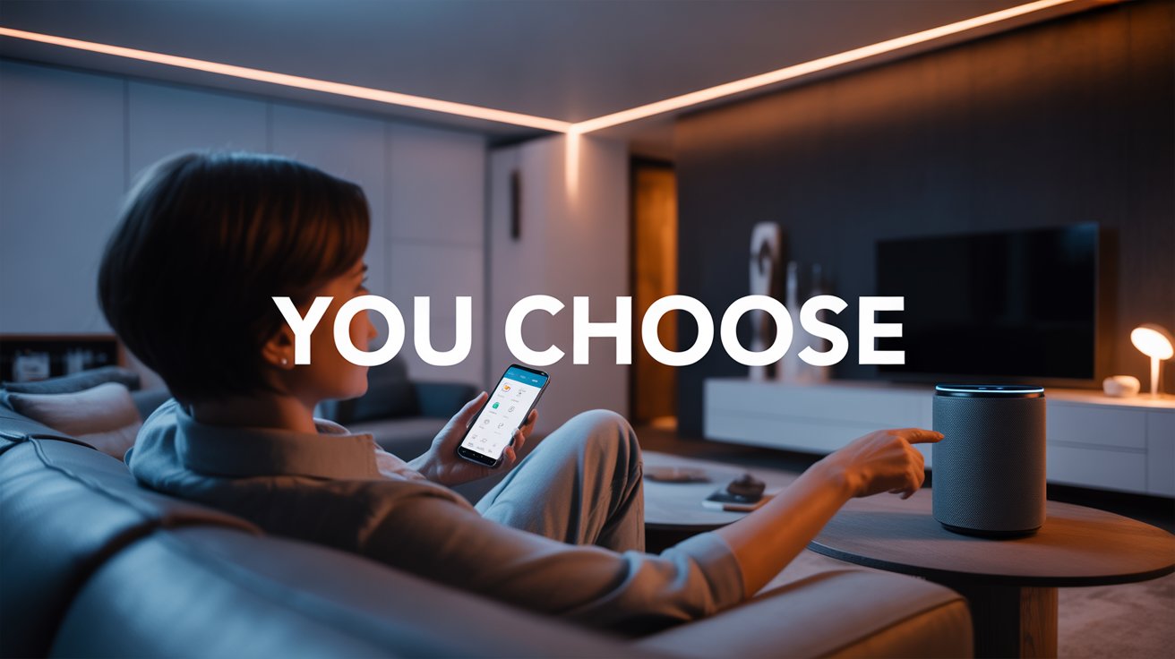 Comparing Voice Control App Control in a modern living room with bold white text YOU CHOOSE