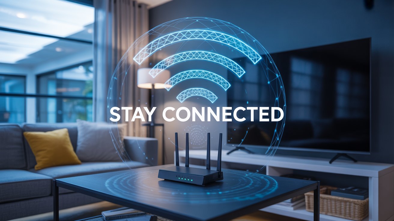 Smart Home Wi-Fi - Smart home mesh network signal with bold white text STAY CONNECTED