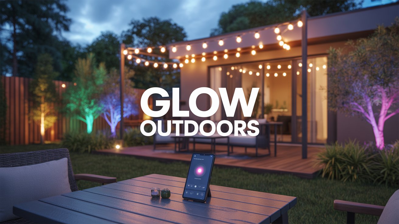 Outdoor Smart Lighting Ideas: Smart backyard lighting with colorful LEDs and bold white text GLOW OUTDOORS