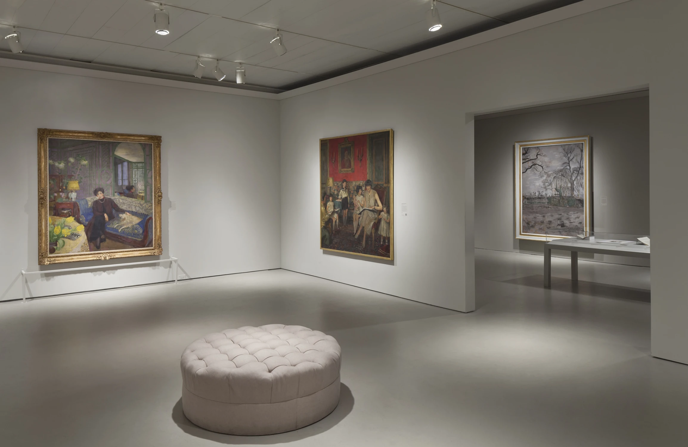 paintings, circular bench, gallery