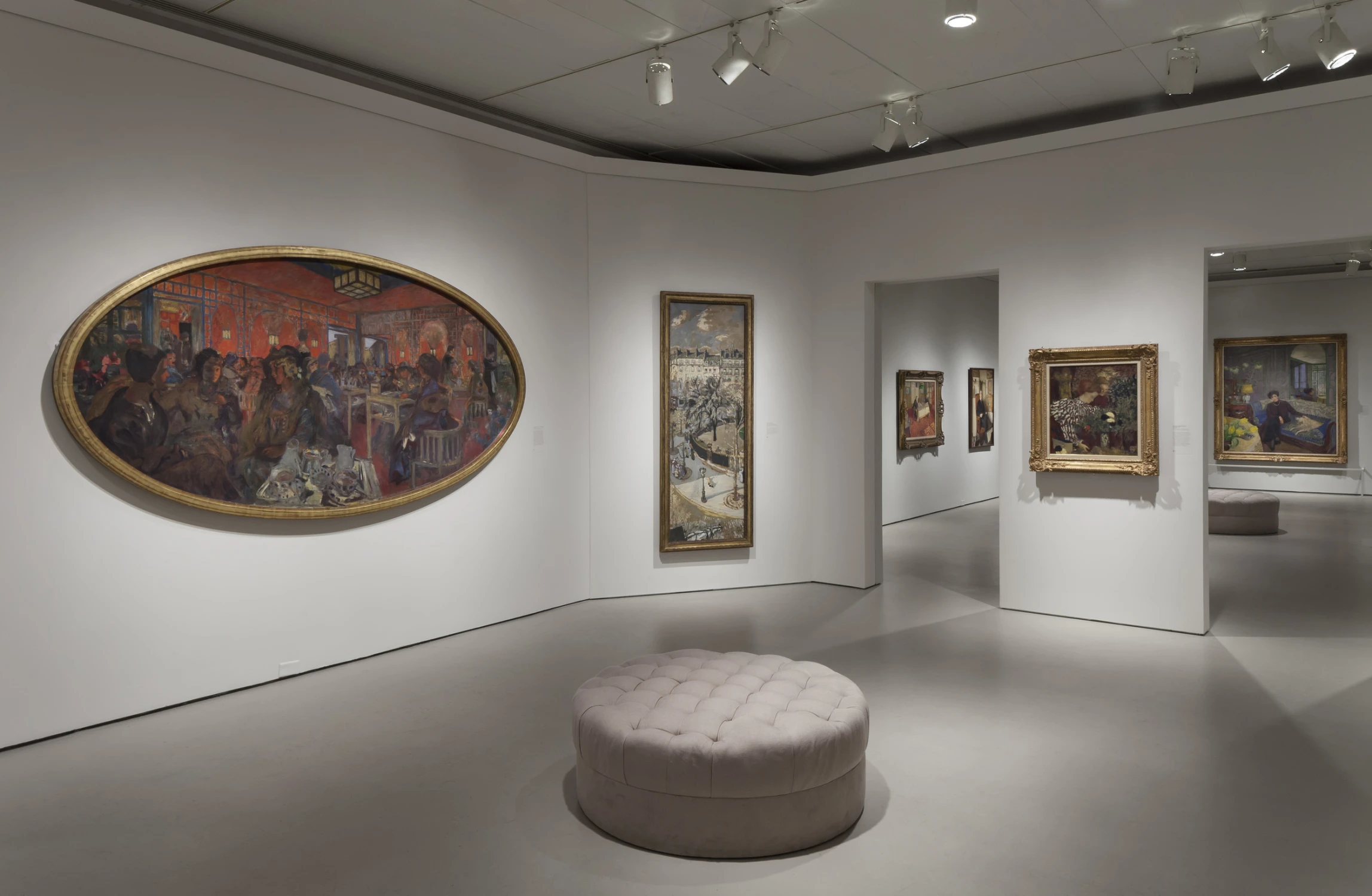 oval, paintings, bench