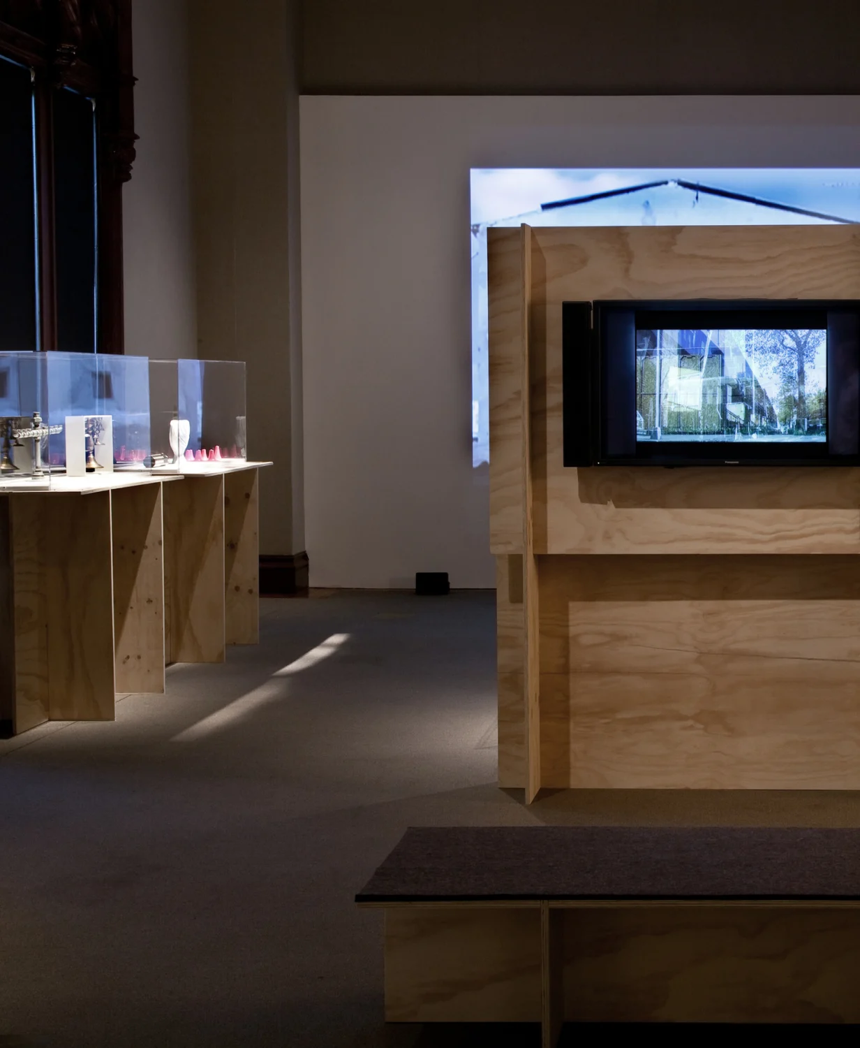 video screen, bench, gallery