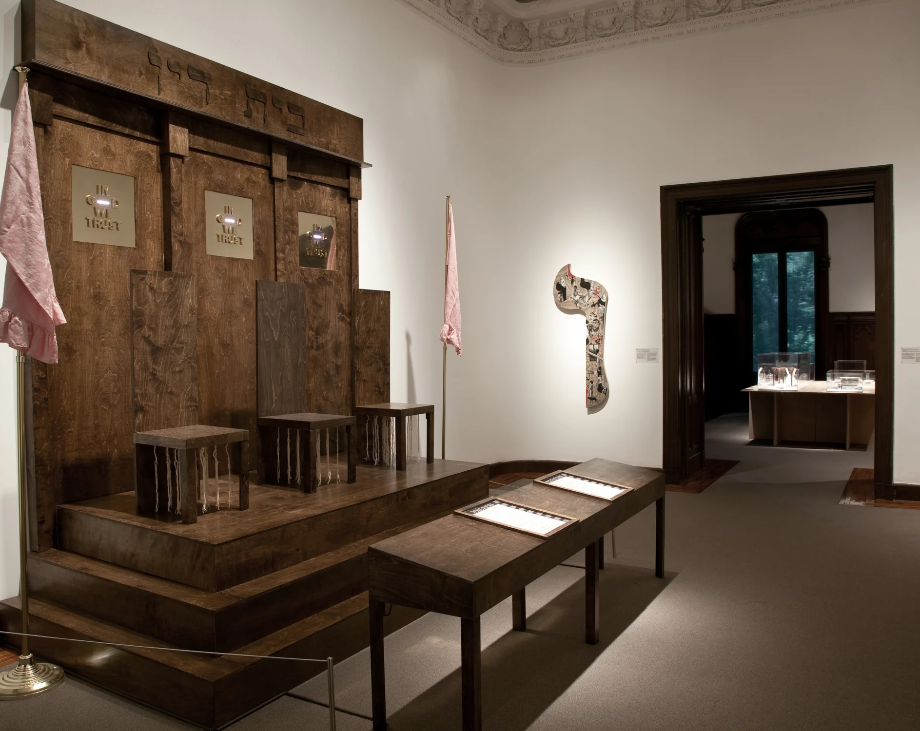 hebrew, wood display, chairs, flags