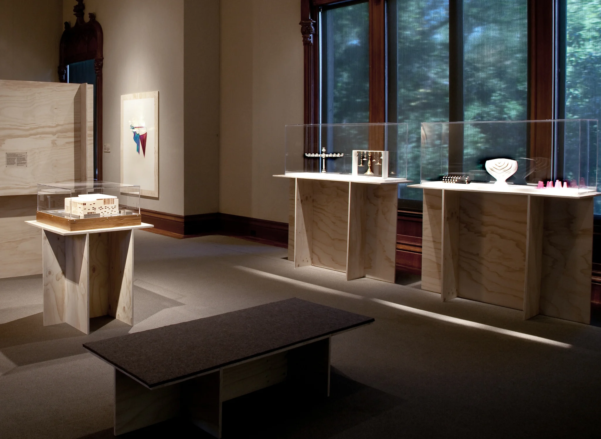 bench, menorahs, windows