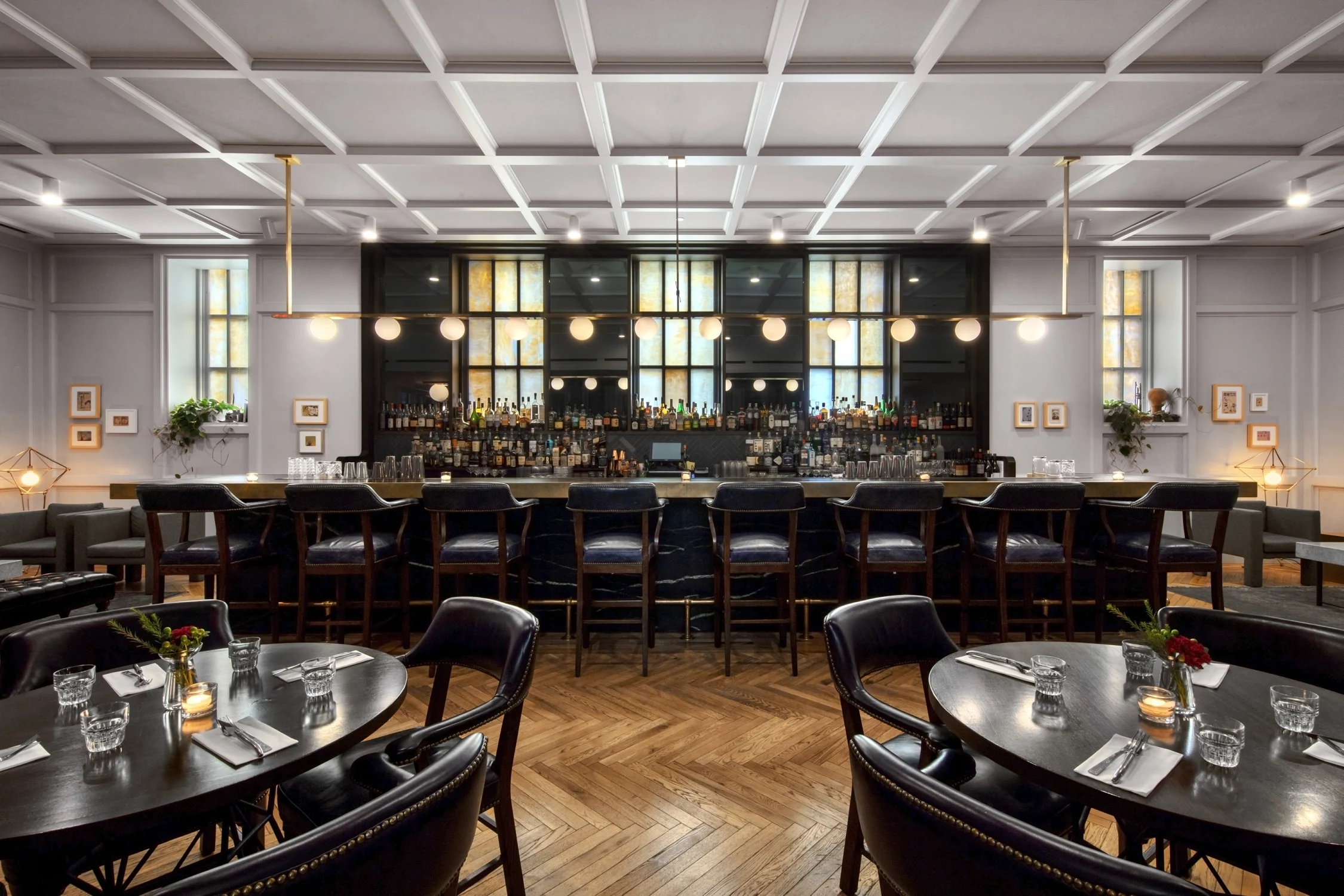 bar, stools, tables, stained glass