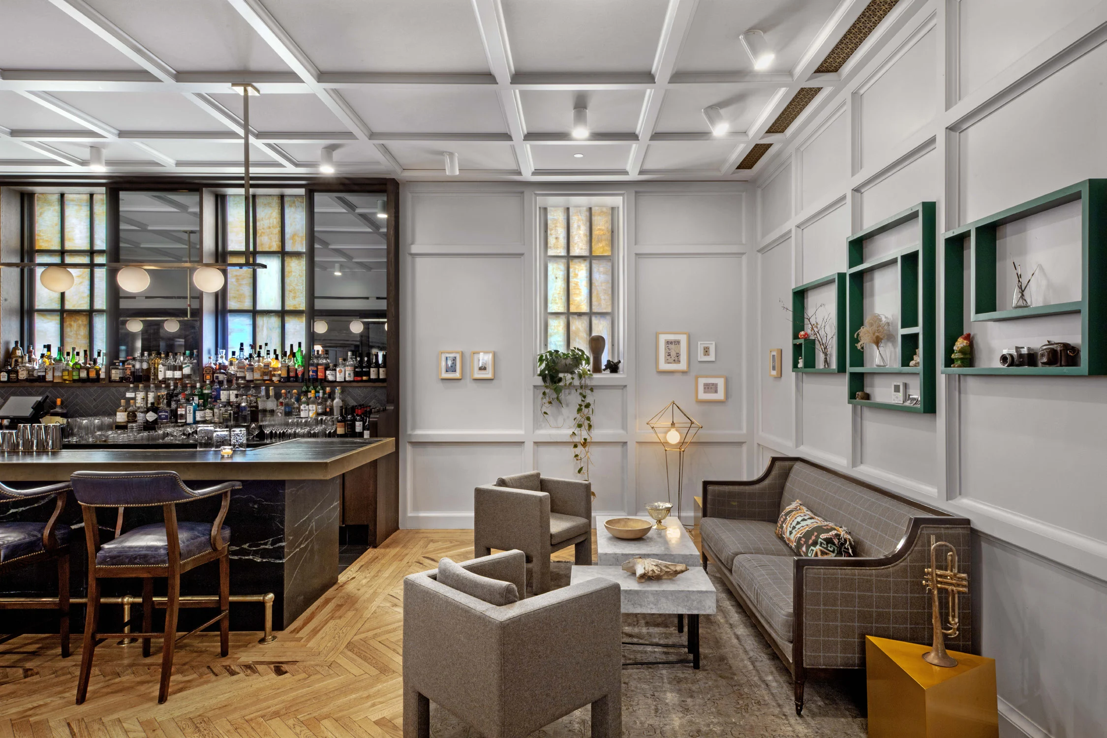 bar, wall panels, seating area, art