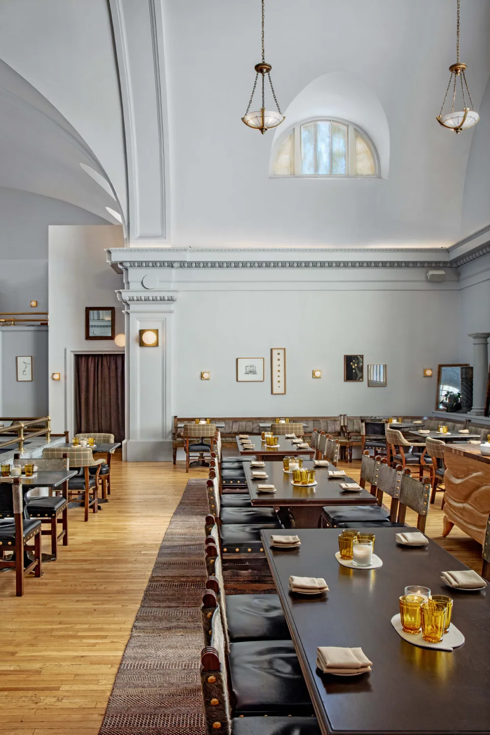 restaurant, tables, leather, chairs, tables, wood flooring, arched window