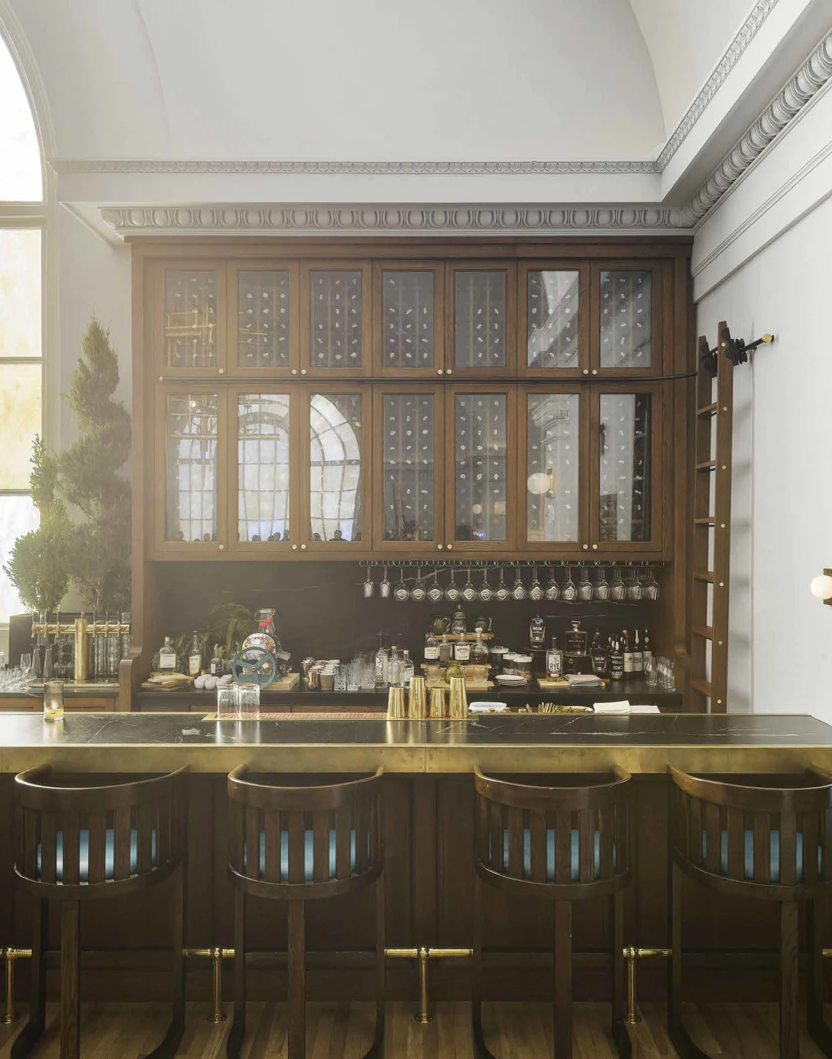 bar, stools, counter, gold, glass, planters, ladder