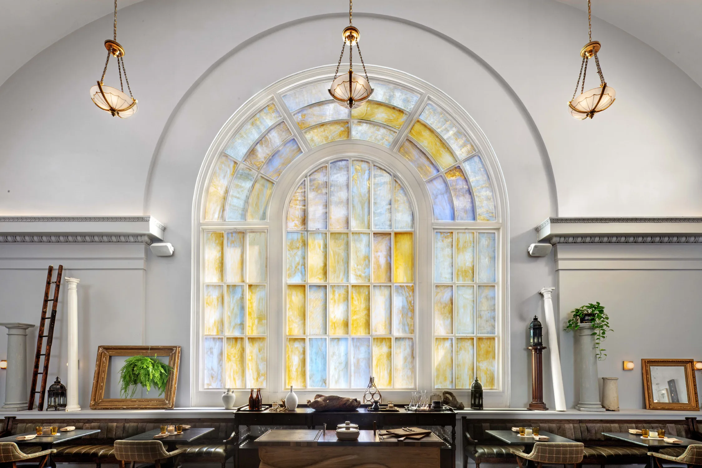 stained glass, hanging lights, art, wall molding
