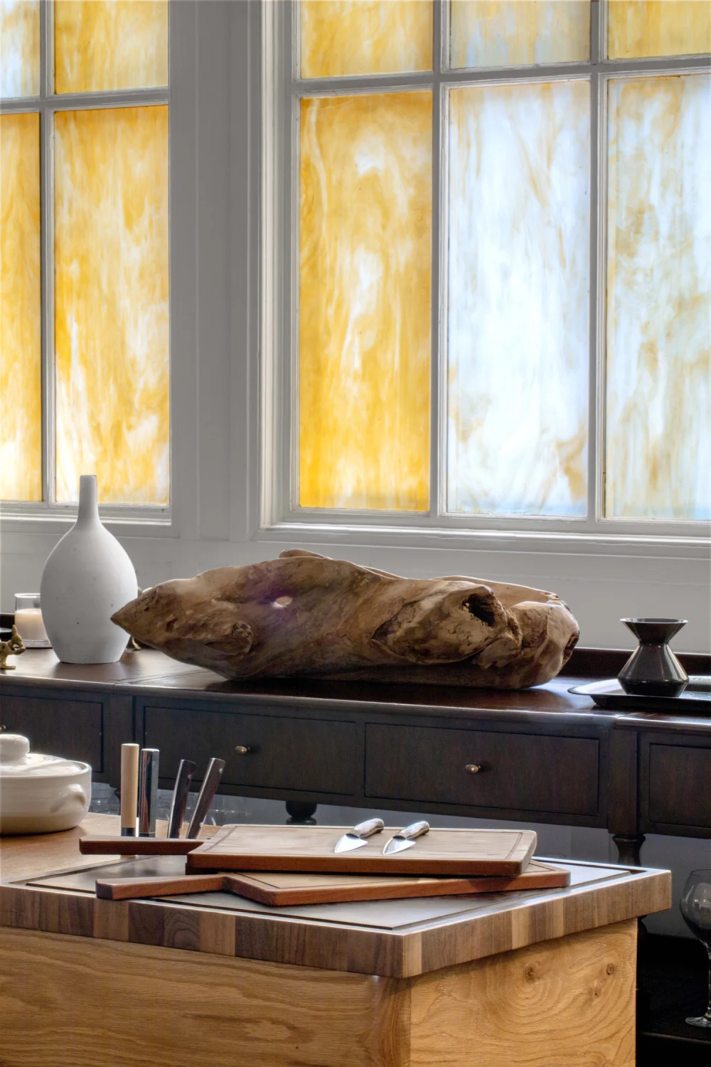 wood, art, cutting boards, stained glass, vase, counter