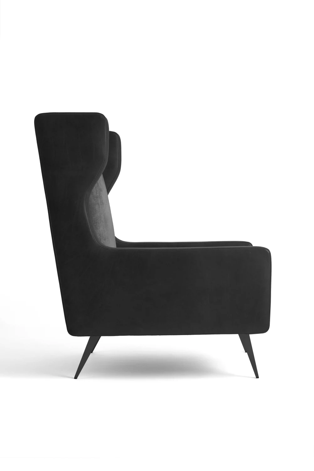 arm chair, cushions, tall, leather, black, side