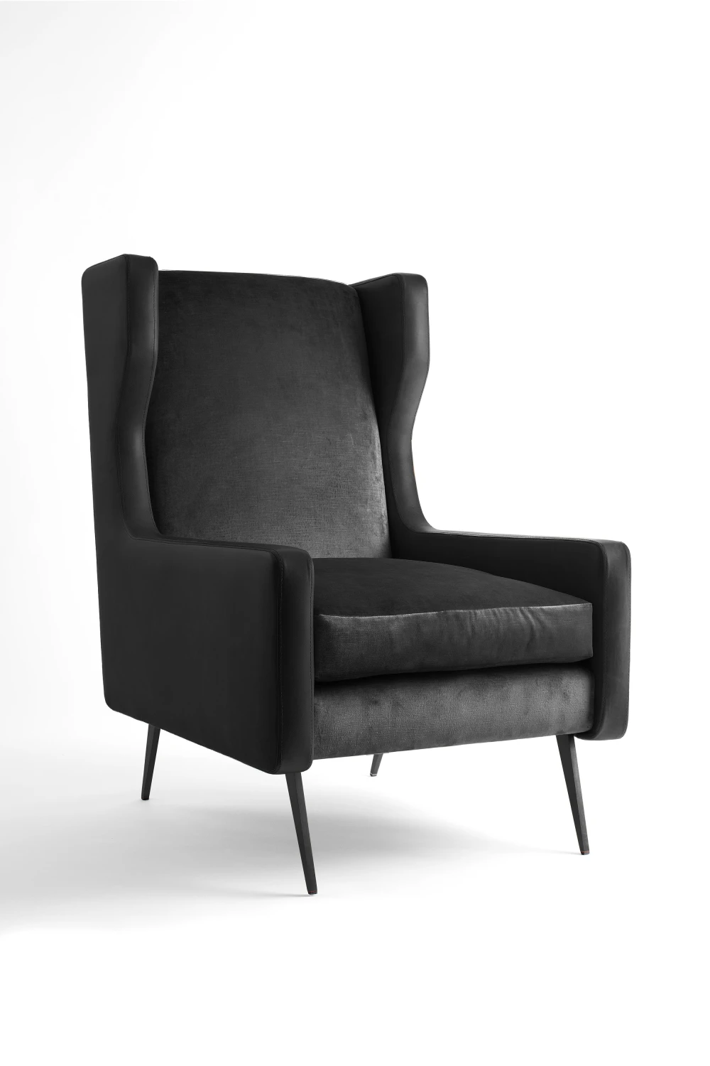 arm chair, cushions, tall, leather, black, front