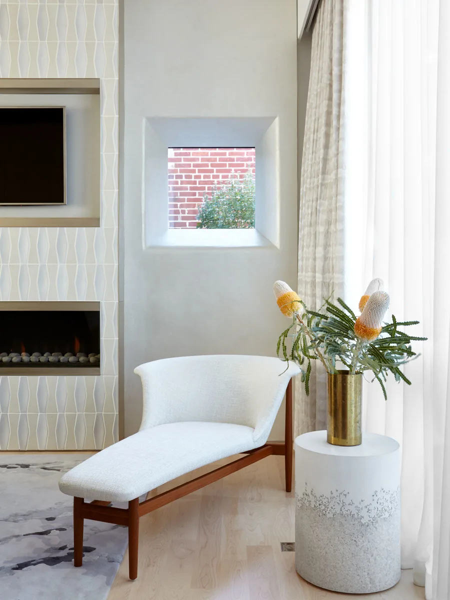 chaise, window, fireplace, table