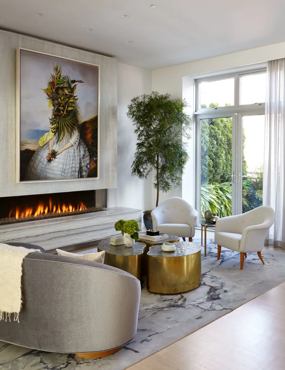 LIVING ROOM, fireplace, art, windows,sofas, chairs, coffee table, plants, wallpaper, curtains