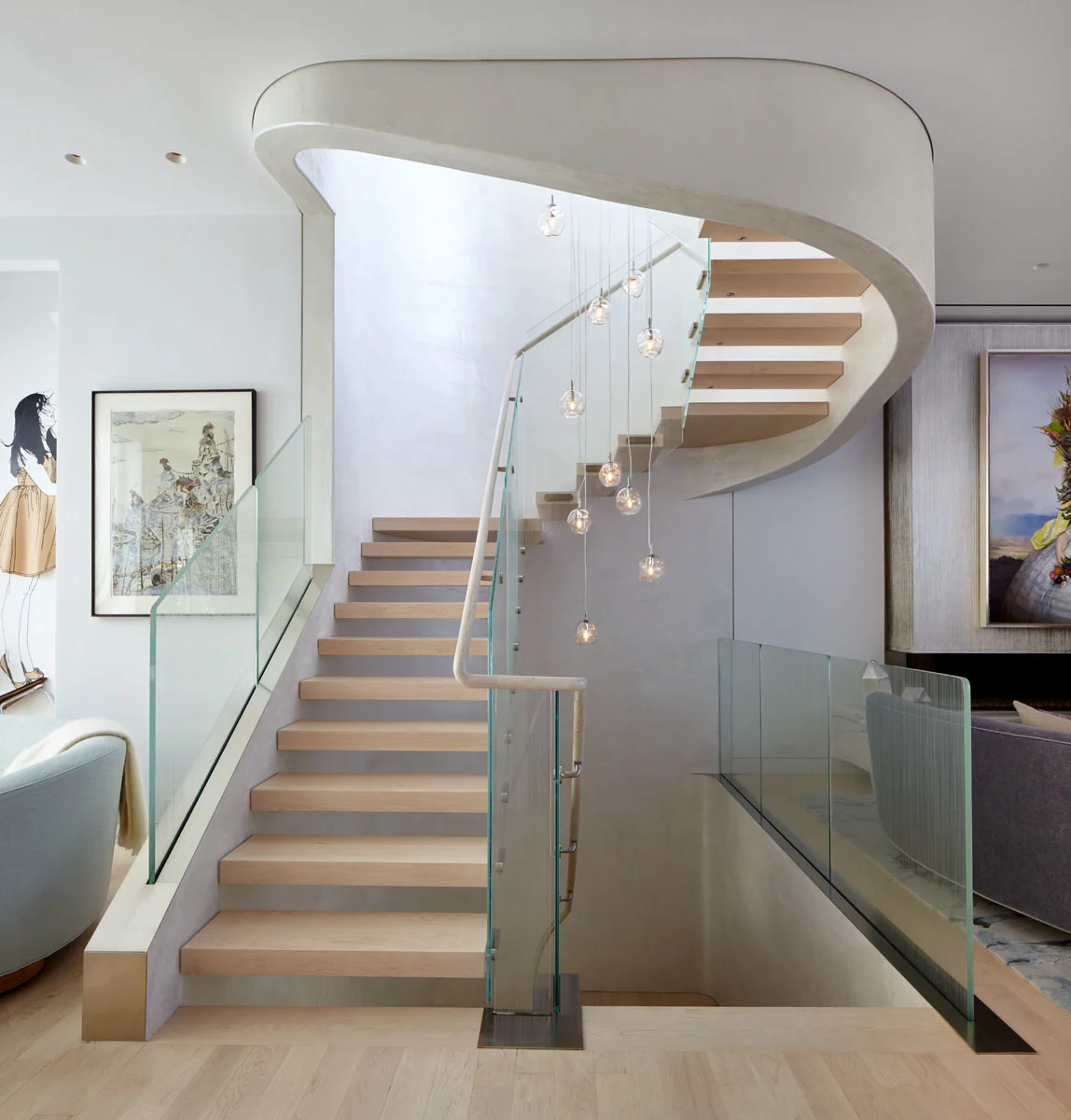 stair, glass, rail, art, frame, wood, rug, sofas, celling fixture, blanket