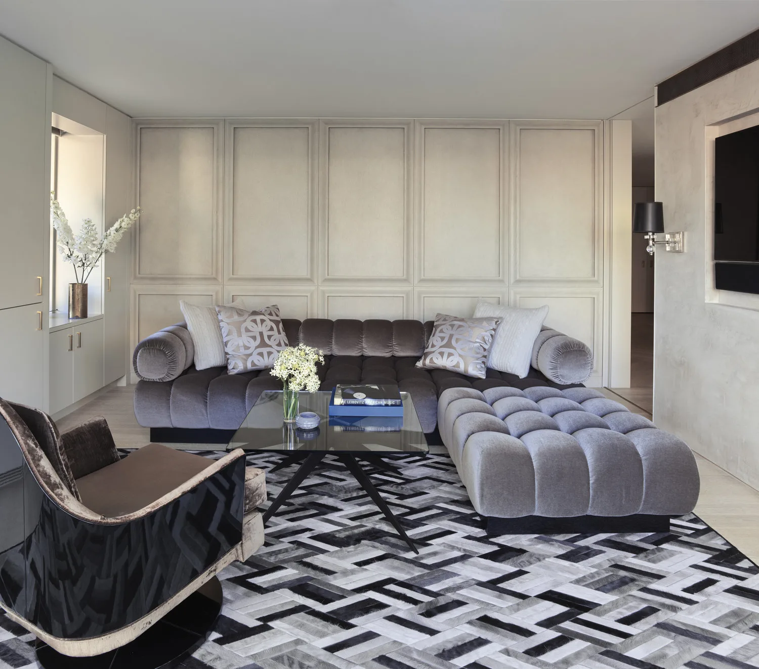 DEN, sofa, carpet, panelling