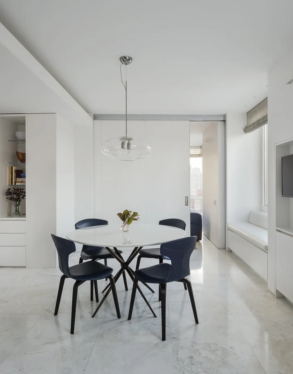 DINING, chandelier, window seat, table, chairs, shelves