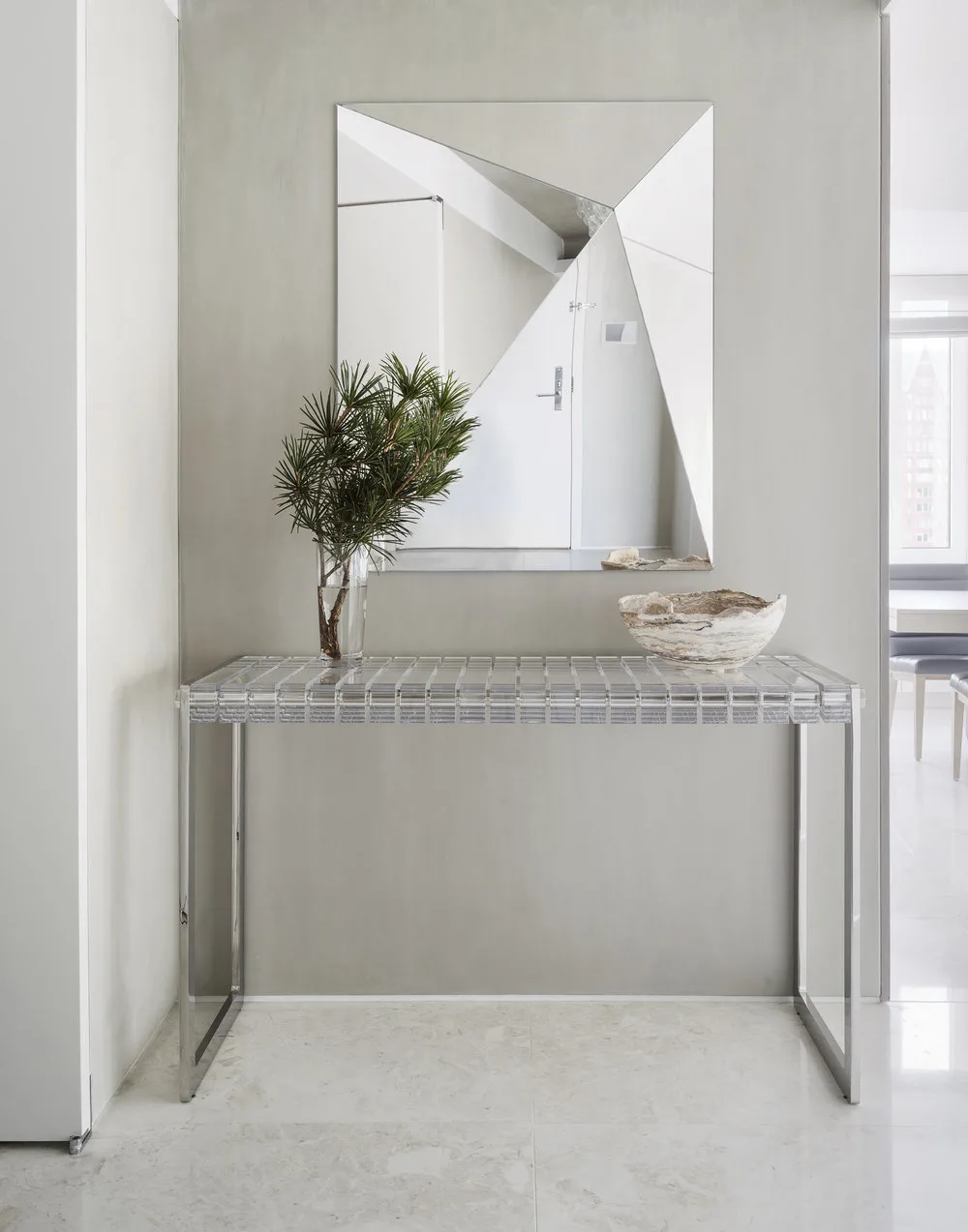 FOYER, mirror art, side table, stone bowl, glass