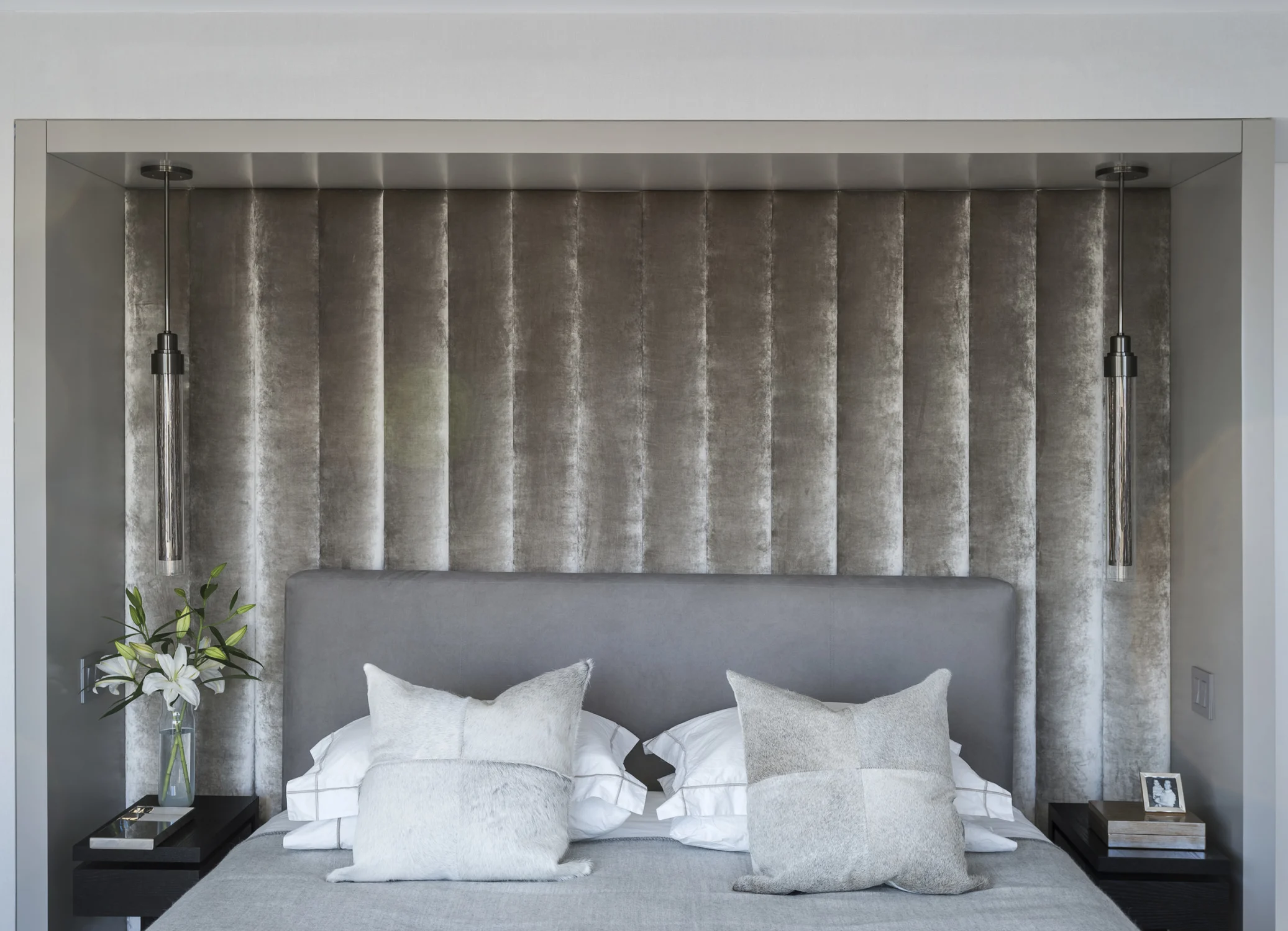 BED HEADBOARD, velvet, pillows, side tables