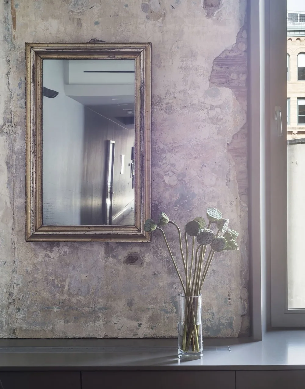 wall, mirror, plants,flowers,vase,concrete, window, door, flowers, vanity