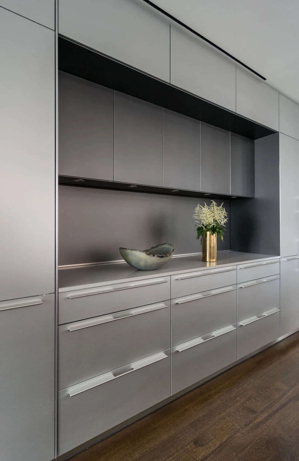 KITCHEN, steel cabinets, dark wood