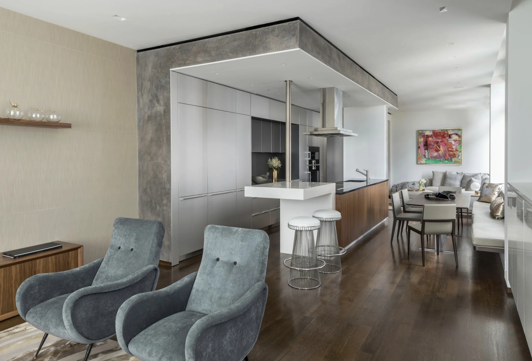 LOFT, kitchen, concrete, armchairs