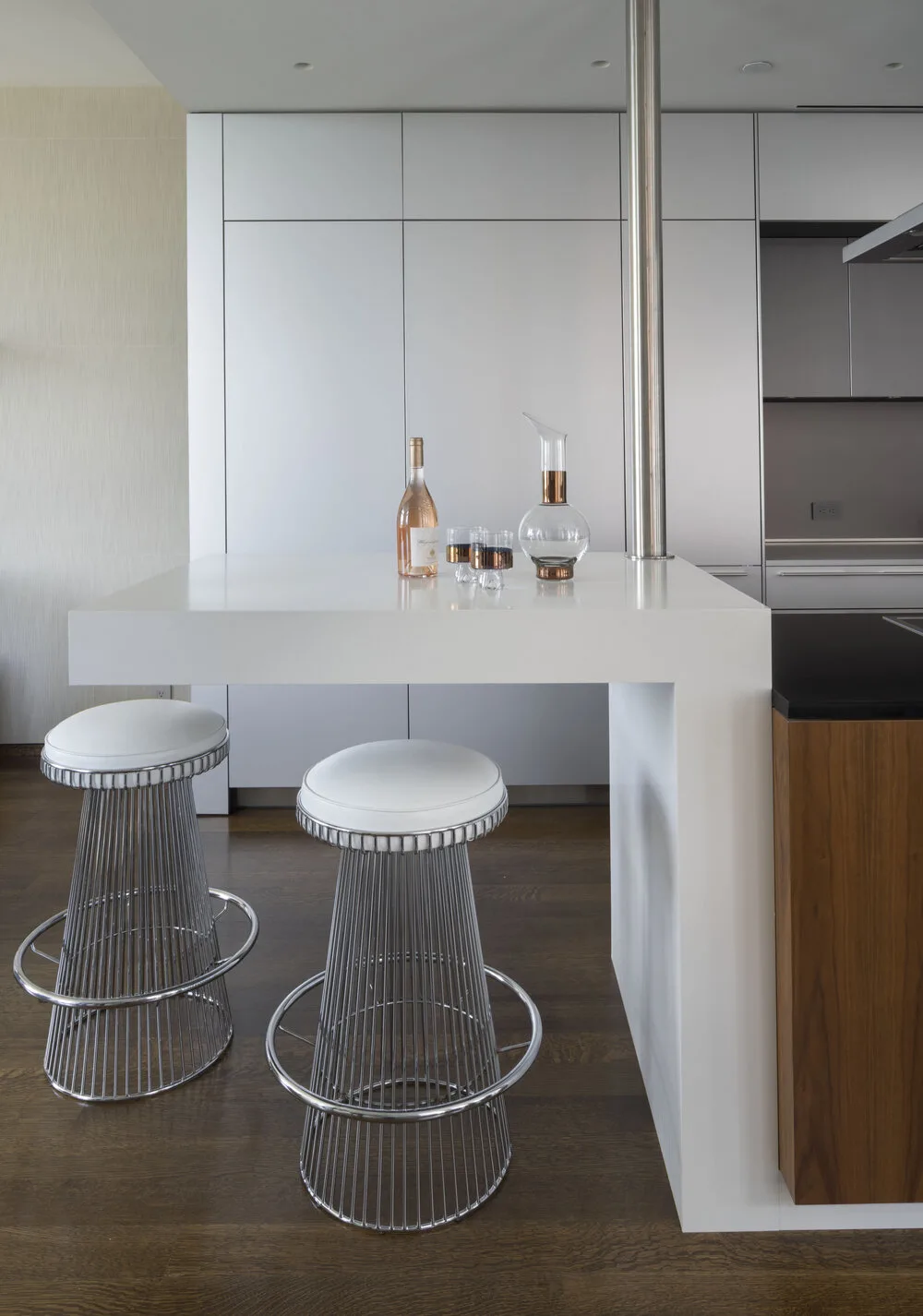 BAR, stools, white cabinets, steel pole