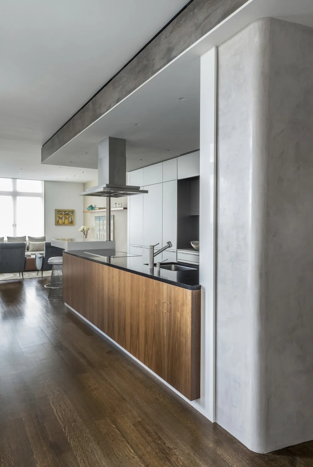 KITCHEN, wood island, black marble, concrete