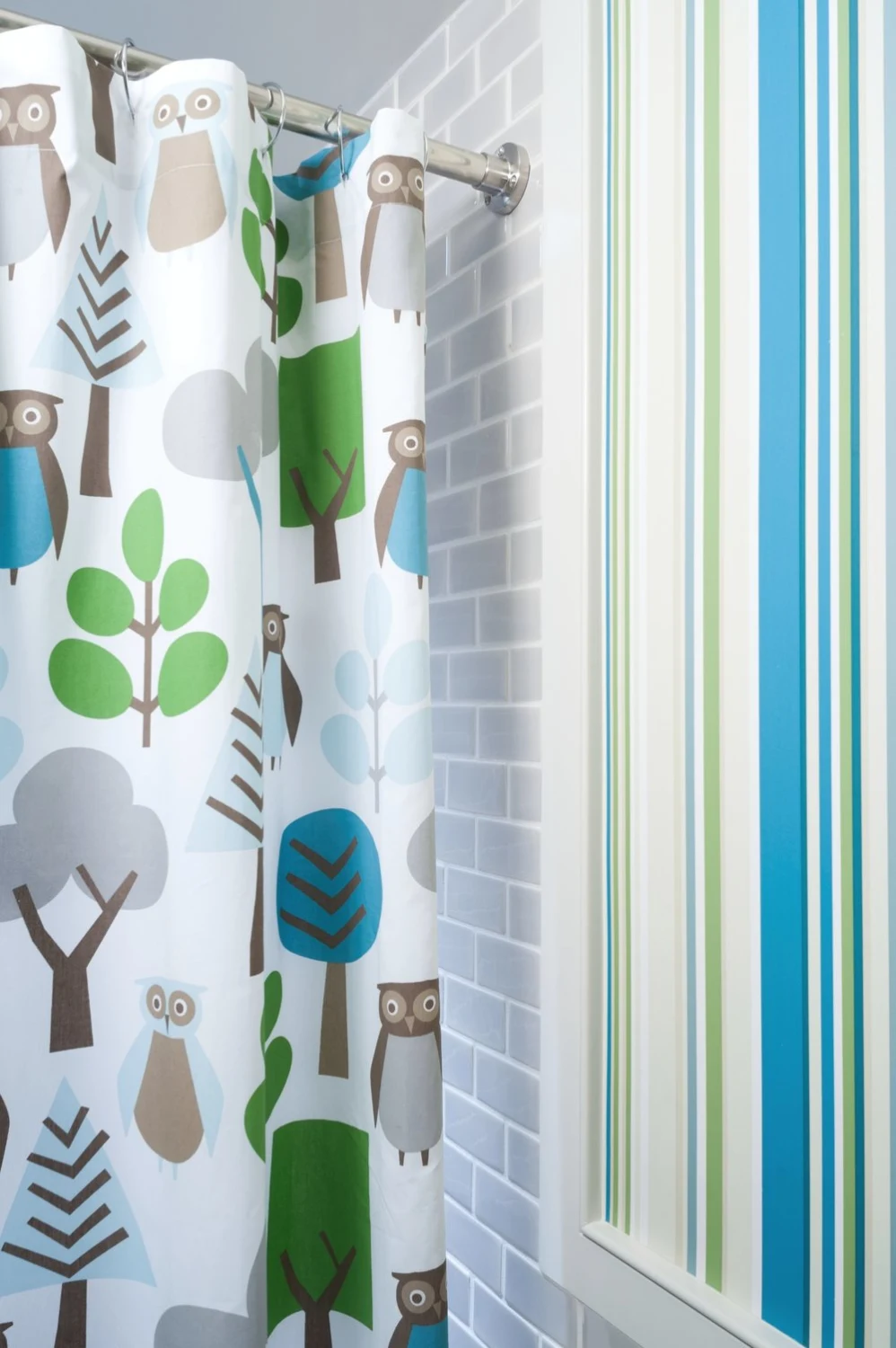 bathroom, shower curtain, blue, green