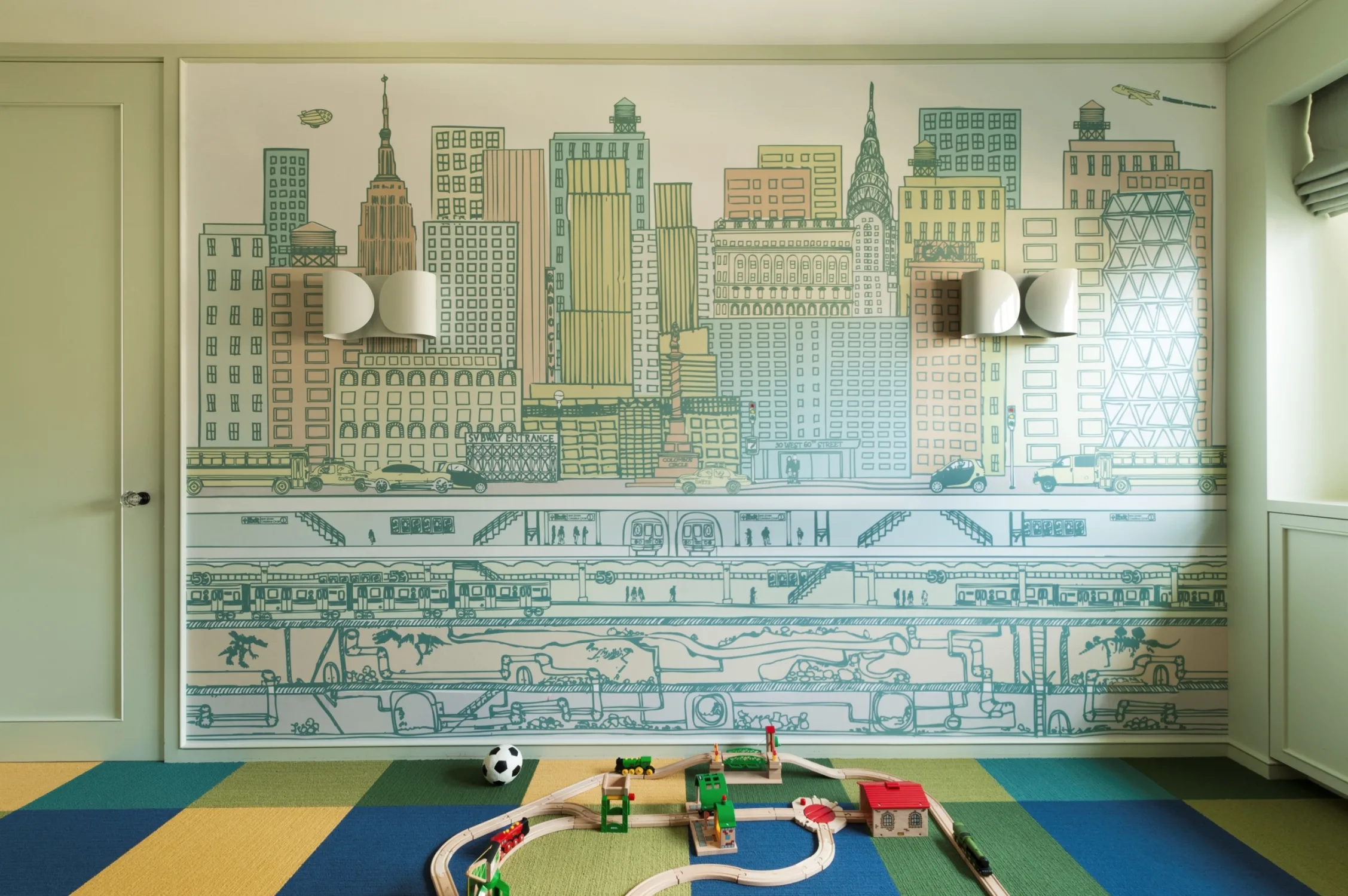 PLAYROOM, cityscape wallpaper, carpet, light green