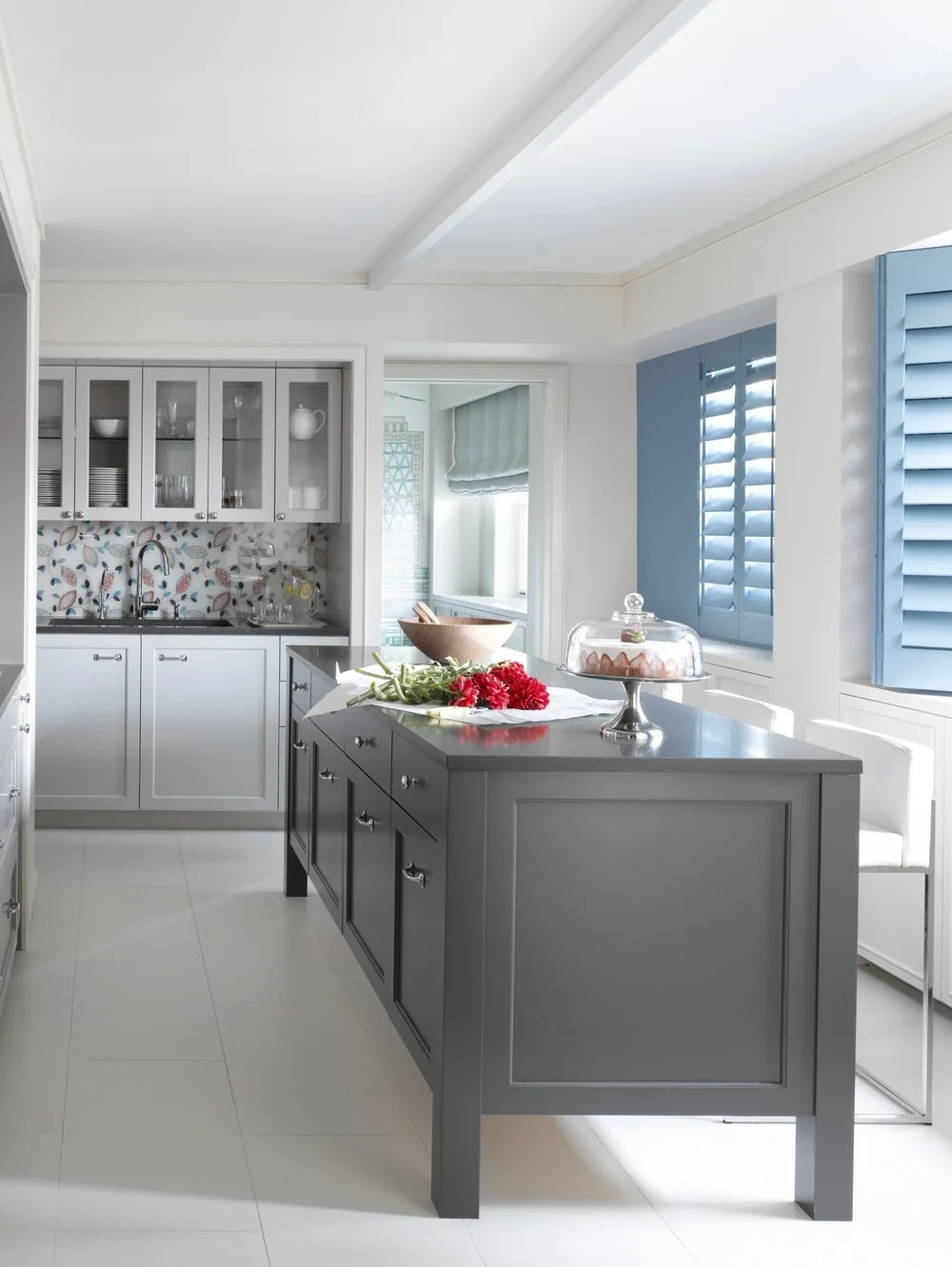 KITCHEN, blue shutters, island, backsplash
