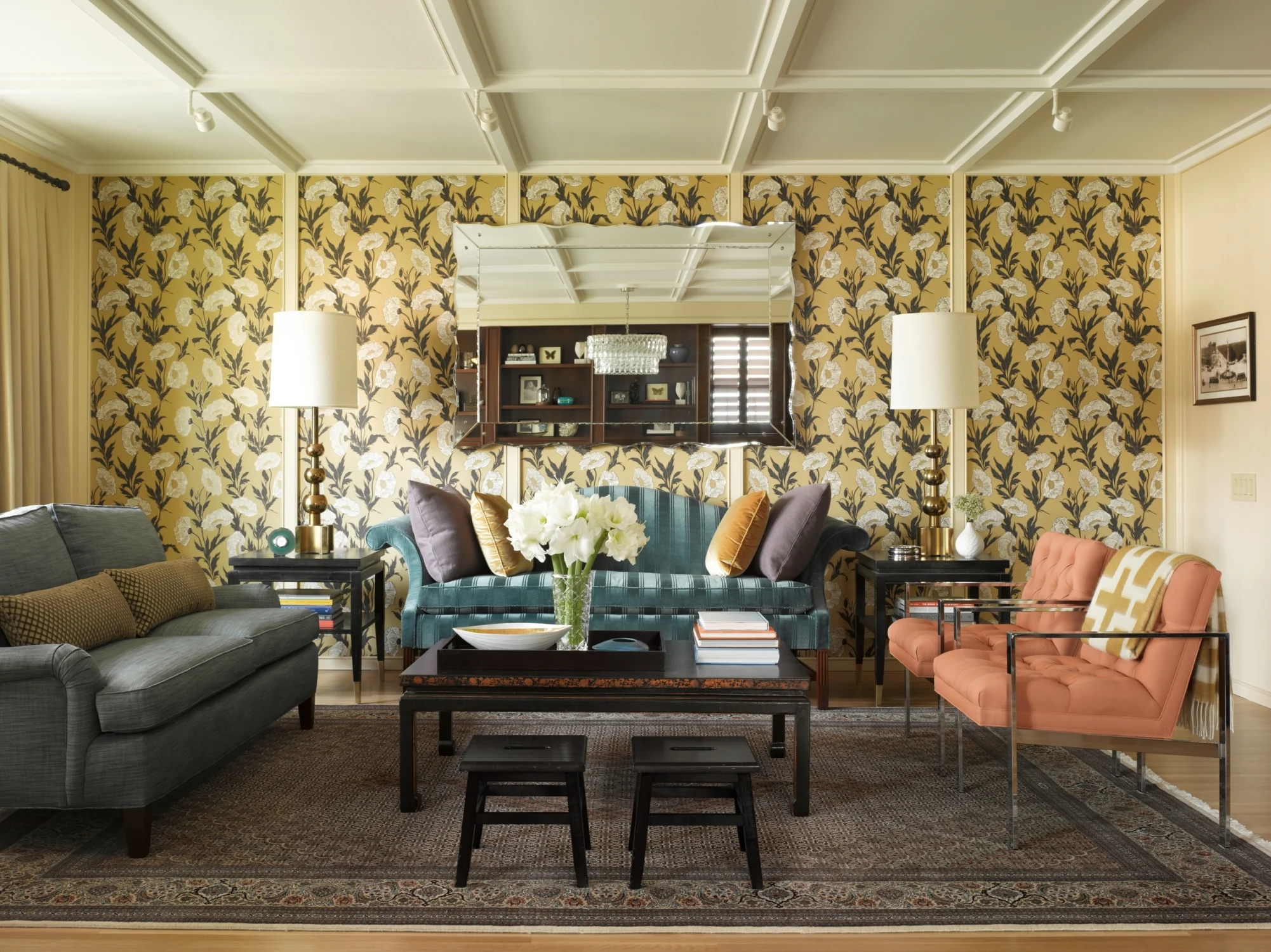 LIVING ROOM, floral wallpaper, sofas, carpet