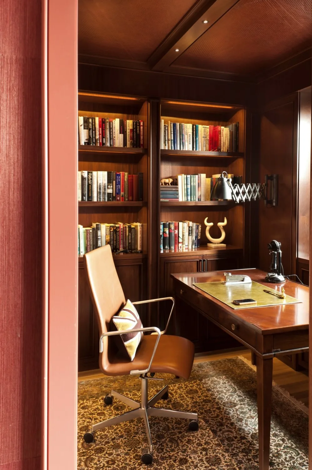 DEN, desk, bookshelves, wood