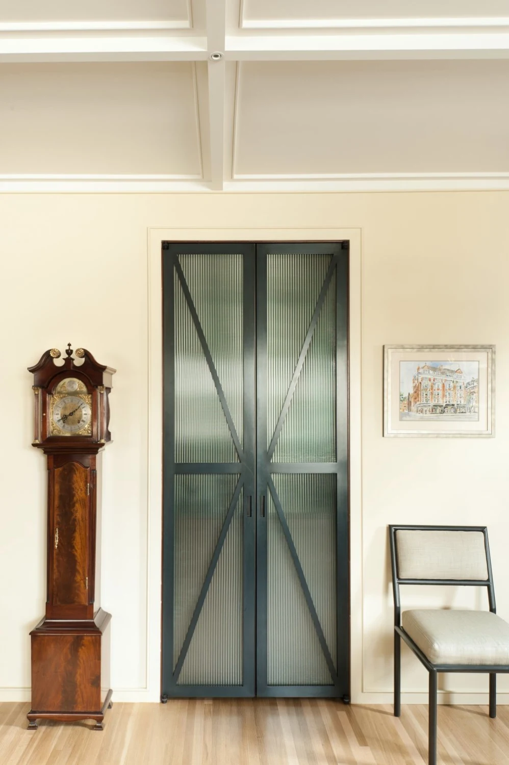 HIDDEN BAR, glass door, grandfather clock, painting