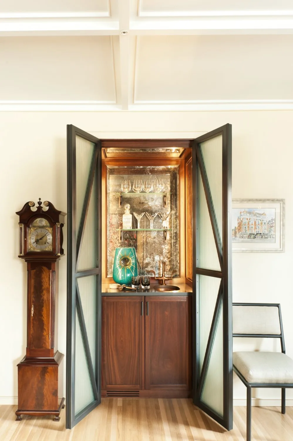 BAR OPEN, grandfather clock, glass doors, wooden cabinet