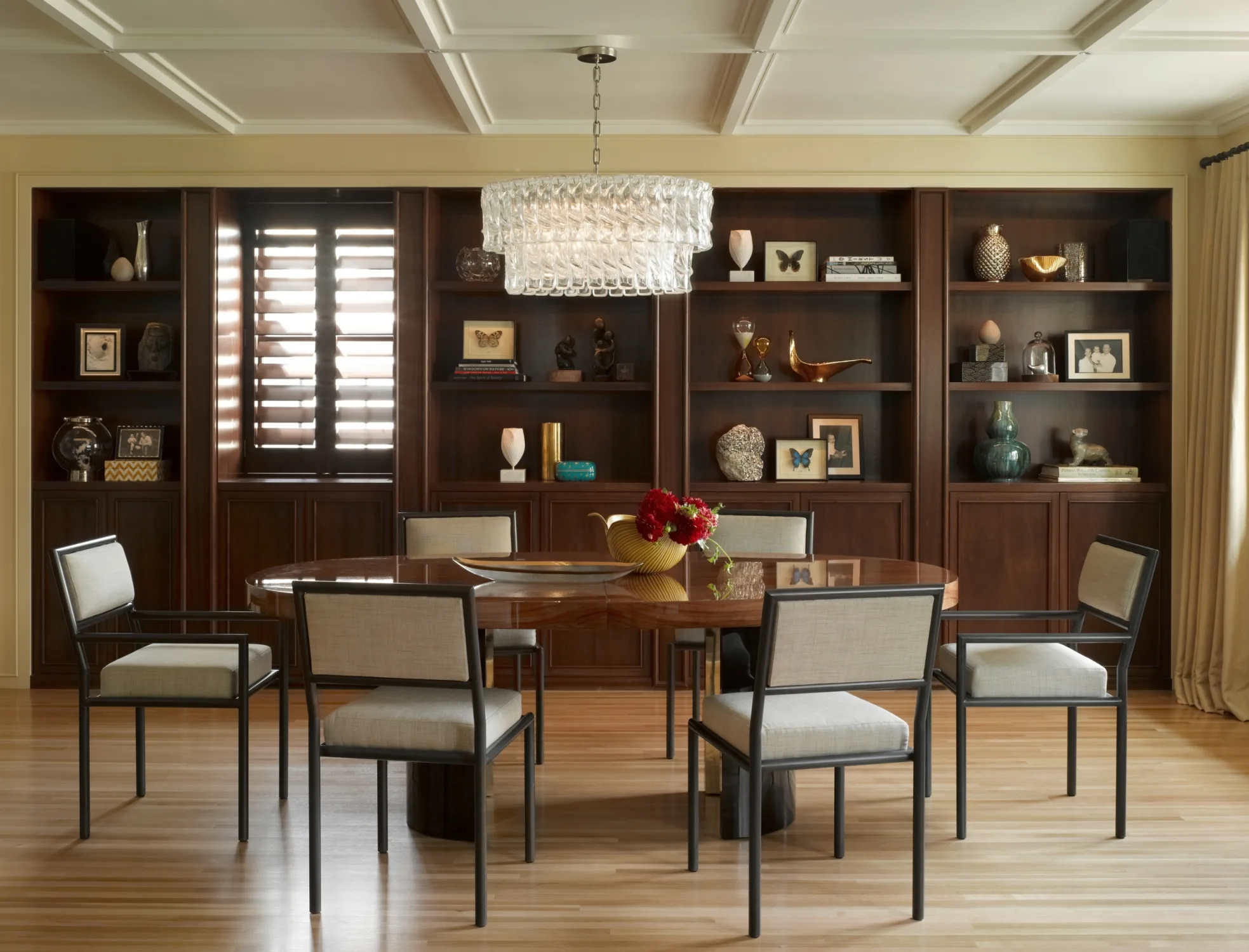 DINING AREA, built in, shelves, chandelier