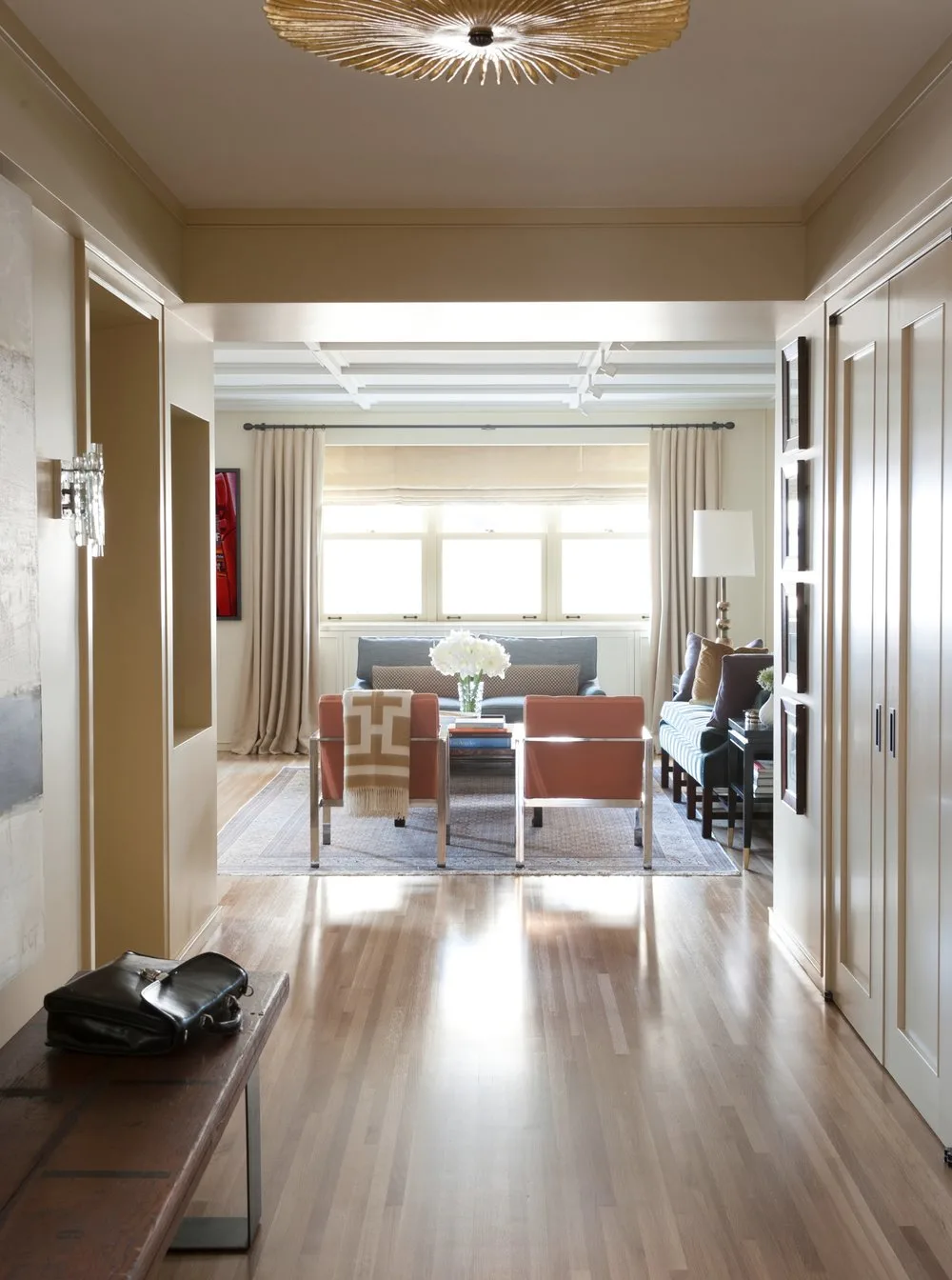 ENTRY HALL, living room, bench, wood flooring