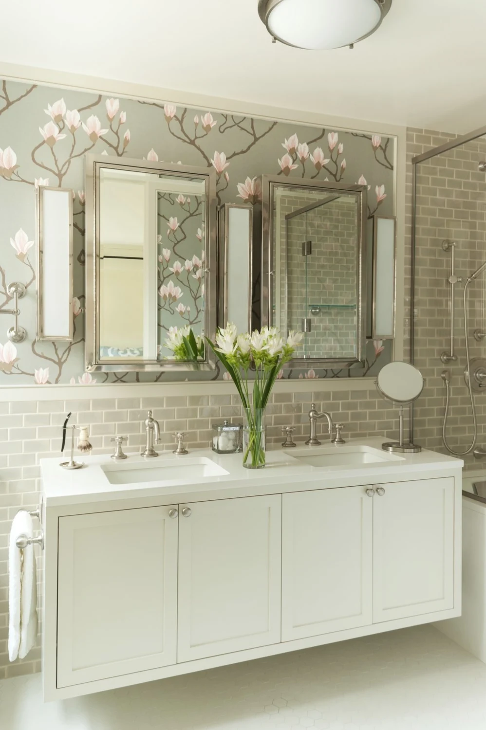 BATHROOM, floral wallpaper, double sinks, tiles