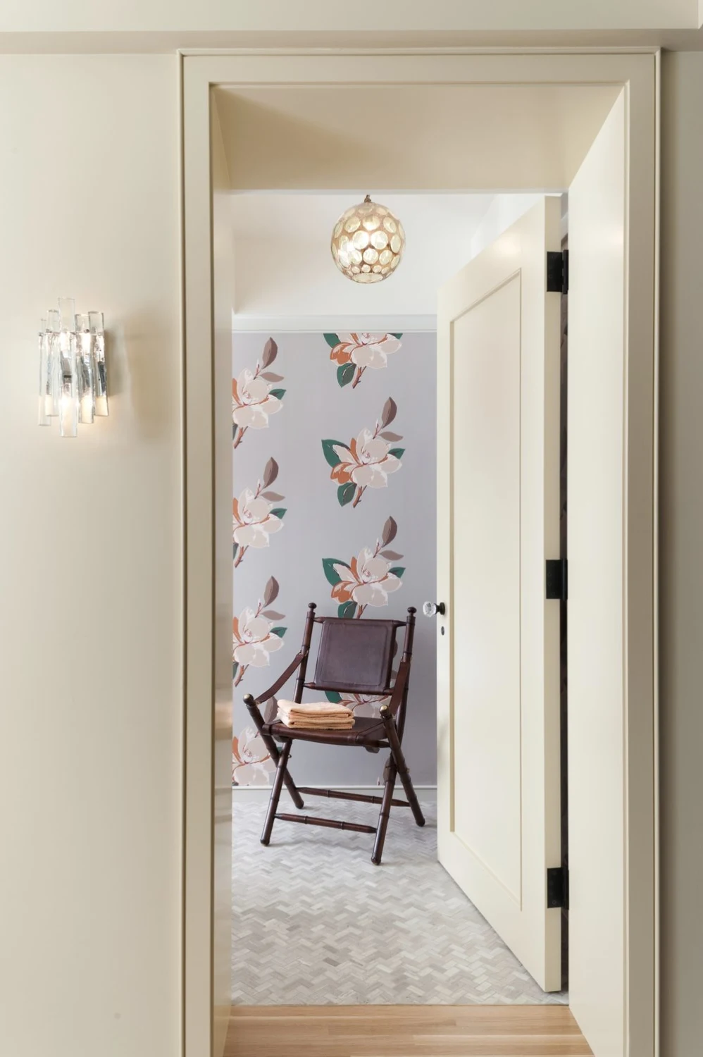 CORRIDOR, doorway, wallpaper, sconce