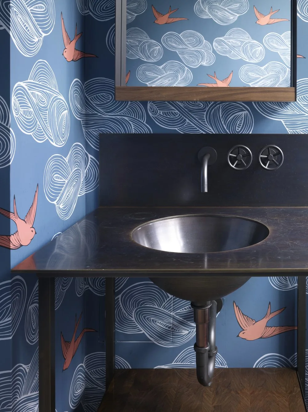 POWDER ROOM, sink, wallpaper, birds