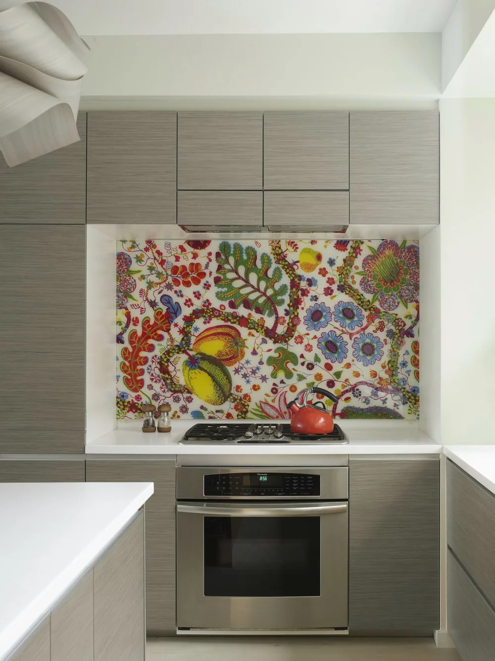 KITCHEN, wallpaper, oven, cabinets