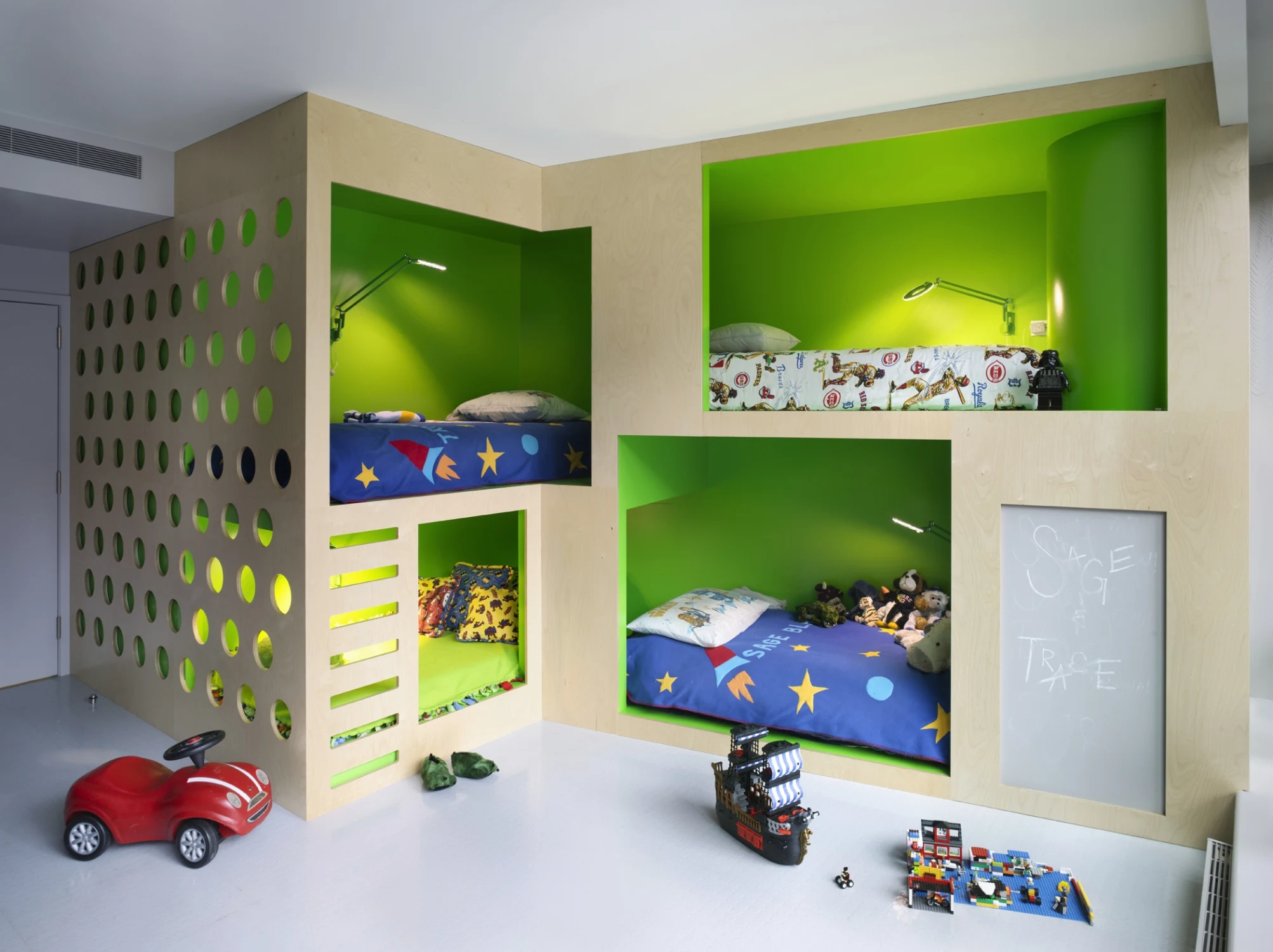 BOYS ROOM, bunk beds, toys, chalkboard