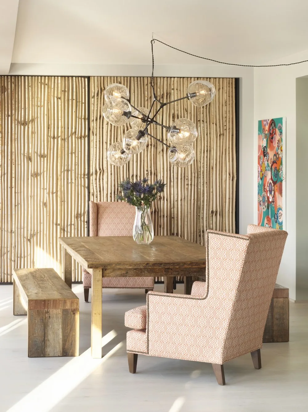 DINING, wooden bench, bamboo, glass chandelier