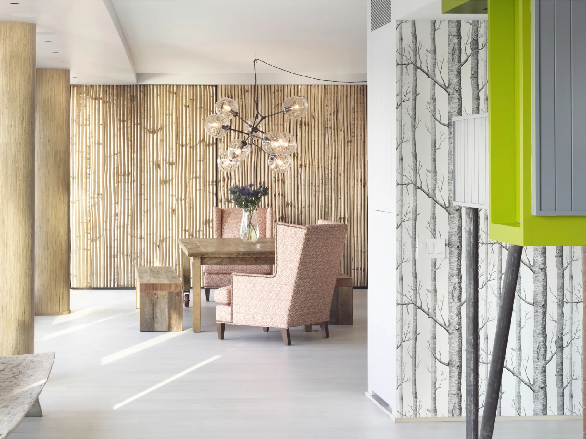 DINING ROOM, bamboo, wallpaper, columns